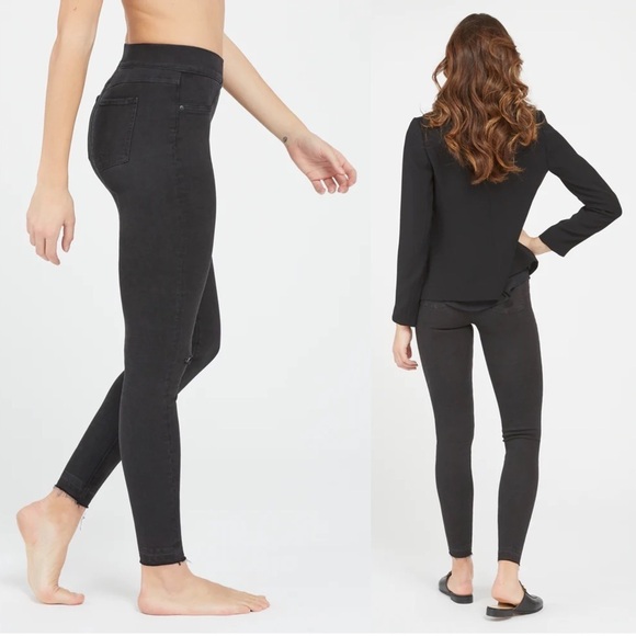 Spanx • Vintage Distressed Ankle Skinny Jeans black pull on raw hem jeggings - Picture 10 of 13